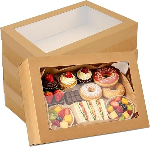 Cookie Boxes with Window 35 × 25 × 8 cm, 10 Pack Corrugated Bakery Boxes | Strong and sturdy for celebration cakes, tray bakes, brownies and pastries. Ideal for parties, afternoon tea and gifting