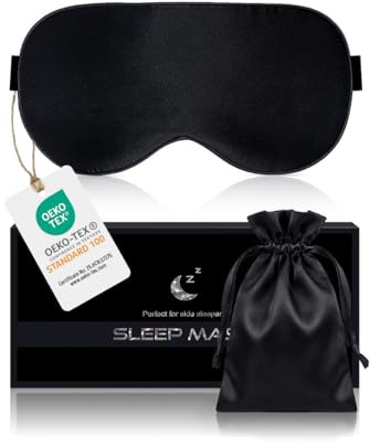 Aosun Mascherina per Dormire, Maschera per Dormire in Pura Seta di Gelso al 100% - Mascherina Occhi per Dormire Ipoallergenica Oscurante con Fascia Regolabile (Nero)