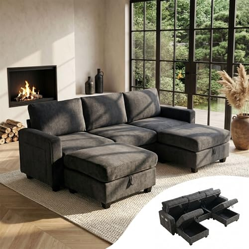 GRAVFORCE 251cm U Shaped Sofa with Storage Under Every Seat Chenille Grey