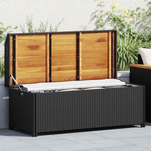 HUAKEHOM Gartenbank mit Stauraum Gartentruhe Sitzbank Kissentruhe Kissenbox Truhenbank Auflagenbox Gartenmöbel Bank 120 cm Poly Rattan Schwarz