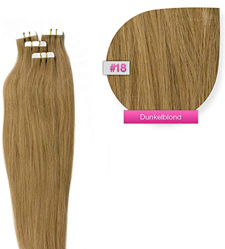 Tape Extensions Echthaar Haarverlängerung 50cm Tape In Haare mit Klebeband 10 Tressen x 4 cm breit und 2,5g Gewicht pro Tresse Farbe #18 Dunkelblond