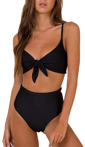 Honlyps Bikini, Bademode, Damen, hohe Taille, zweiteiliger Badeanzug, Bindeknoten, hoch geschnittener Badeanzug für Frauen, Schwarz, XL