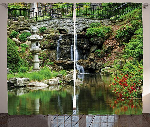 ABAKUHAUS Japonais Rideaux, Cascade Garden, Décoration Intérieure Accent Lot de 2 Panneaux, 280x245, Vert Blanc