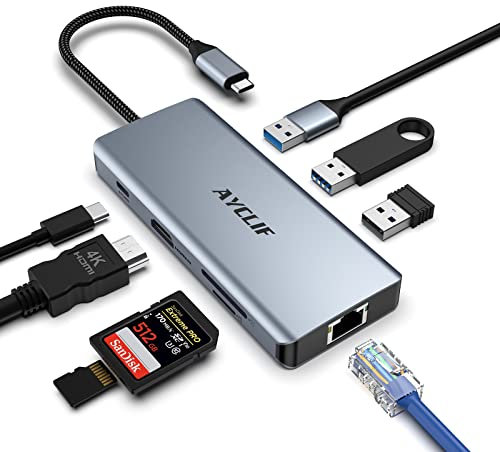 AYCLIF USB C Hub, 8 in 1 USB C Adapter Dual Display 4K HDMI, USB C Dockingstation für MacBook Pro/Air (Gigabit Ethernet, 5 Gbit/s USB 3.0, PD 100W, SD/TF Leser) für Dell, Oberfläche, HP, Lenovo