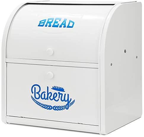 Hossejoy Metal Bread Box, Double Compartment Roll Top Countertop Bread Storage, Bread Bin Container Holder, Double Layer Breadbox Holds for your Kitchen Counter(White)