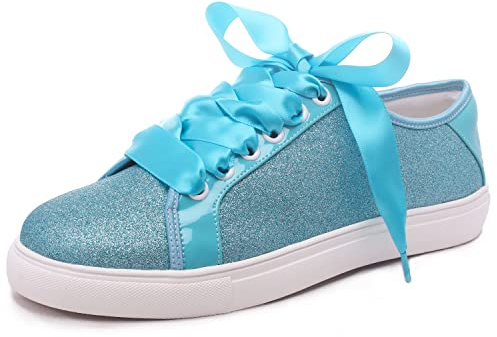 Elivandon 16051 Hochzeit Schuhe Bling Braut Turnschuhe Flats Braut Tennisschuhe Glänzende Pailletten Schuhe Funkelnde Turnschuhe Farbe Blau,Größe 40 EU (6.5 UK)