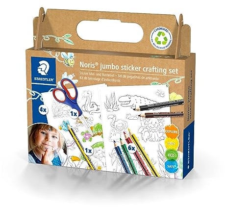 STAEDTLER Sticker Mal- und Bastelset Noris jumbo, stundenlanger Spielspaß, 6 Noris jumbo Buntstifte in sortierten Farben, Noris jumbo Bleistift, Noris Bastelschere und Stickervorlagen, 61 C3