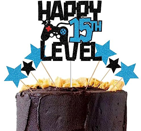 bng-bng 15 Birthday Cake Topper Glittery Happy 15th Level Birthday Cake Cupcake Toppers Boys and Girls 15th Birthday Game Theme Party Supplies Fifteen Years Old Cake Decorations
