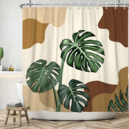 ASDCXZ Tenda da doccia boho, 180 x 180 cm, moderna, astratta, dipinta a mano, verde, tropicale, foglie beige, bagno, lavabile, in poliestere, impermeabile, per vasca da bagno con 12 ganci