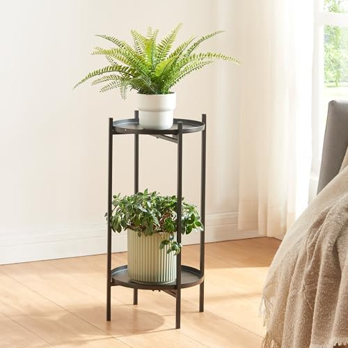[en.casa] Support de Plantes à 2 Niveaux Étagère à Fleurs Design Intemporel Porte Plantes pour Intérieur Meuble de Rangement pour Cache-Pots Métal 54 x 25 cm Noir