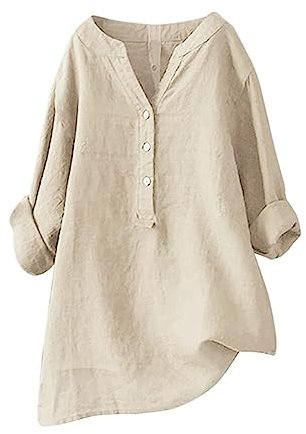 Chemisier Col Mao Femme Chic et Élégant - Blouse Lin Rouge Noir Longue - Tunique Bohème Tee Shirt Grandes Tailles - Vêtement Beige 3XL