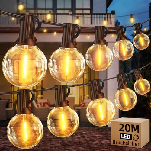 LED Lichterkette Glühbirnen Außen 20M - Outdoor Lichterkette Strom mit G40 Bruchsicher Birnen IP44 Wasserdicht Balkon Lichterkette für Außen & Innen Garten Terrassen Beleuchtung Party