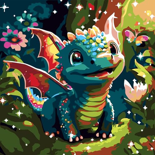 AIRDEA Dragon Mignon Peinture Numero Adulte, DIY Kit Activité Manuelle Peinture Acrylique, Peinture par Numero Adulte avec Pinceaux et Acryliques pour la Décoration Maison 35x35 cm (Pas de Cadre)