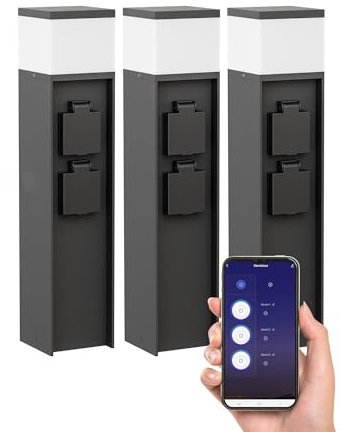 ledscom.de 3 Stück Pollerleuchte PODEL für außen, Smart Home, 39cm, schwarz, 2 Steckdosen, inkl. G9 Leuchtmittel, 501lm, warmweiß