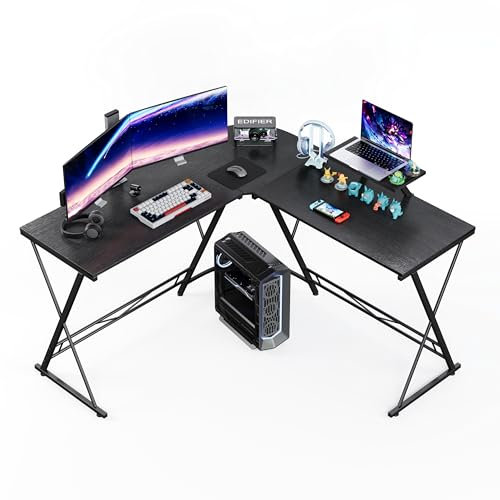 Flrrtenv L Shaped Gaming Desk with Monitor Stand, 51 Inch Computer Desk for 3 Monitors, Corner Work Desk for Home Office, 128x128x75cm, Black