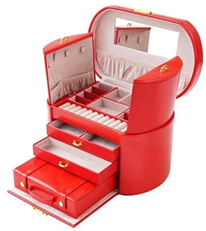 ASHSDI Schmuckaufbewahrung Schmuckschatulle Spiegel Schmuckschatulle Große Kapazität Hochzeit Schmuck Aufbewahrung Organisieren Reisekoffer Rote Frauen Vitrine Schmuckschatulle Schmuckschrank(Rood)