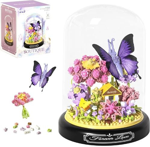 GreenPastures Flower Bouquet Building Kit for Adults – 582 PCS Animal & Flower Botanical Collection, DIY Mini Building Blocks with Dust Cover, Butterfly & Wildflower Bonsai Set for Girls and Women