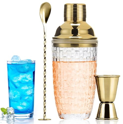 Shaker à cocktail en verre transparent doré de 400 ml avec couvercle doseur en acier inoxydable pour la maison, le bar, le vin, les jus de fruits, les boissons
