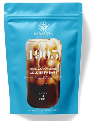Sarasota Coffee 1905 Cold Brew Coffee Bags | 100% Colombian Dark French Roast | Rich & Smooth | Low Acid Ground Filter Packs | Cold Brew Kit Makes 14 Cups | Bold Luxe Roast Flavor