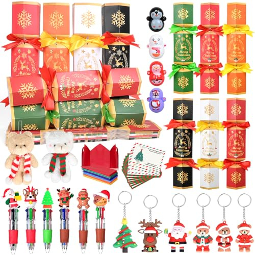 iZoeL 18 STK Christmas Crackers DIY mit Bärenstiften, Schlüsselanhängern, Kronen und Witzkarten. als Tischdekoration für die Feiertage, als Geschenk für die Familienfeier oder für die Party –No Snap