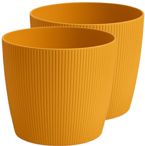 Home Garden Ornaments Modern Striped Plastic Plant Pots Indoor/Outdoor, 2 Pack, Mustard, 18cm