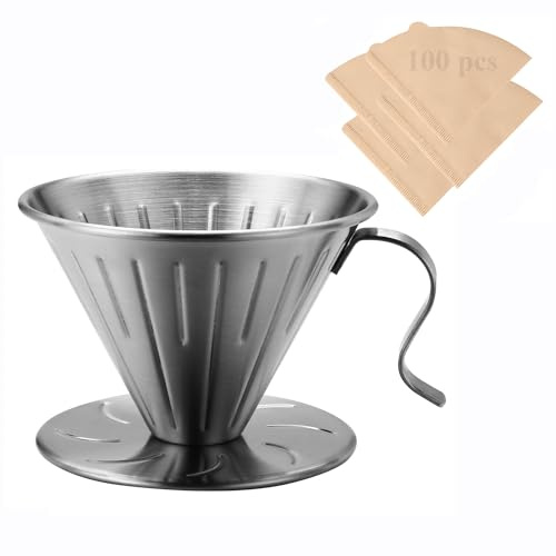 Lalord Pour Over Kaffeefilter, 304 Edelstahl mit 100 Stück Papierfilter Größe 02 (Kaffee-Tropfer)