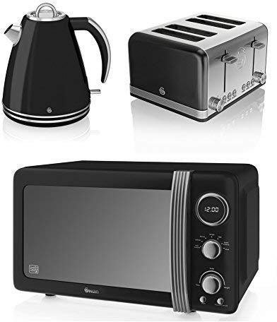 New Swan Kitchen Appliance Retro Set - Black Digital 20L Microwave, Black 1.5 Litre JUG Kettle & Black Retro Stylish 4 Slice Toaster Set