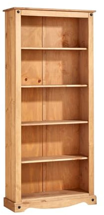 Home Source Corona Large Bookcase, 5 Tier Pine Book Shelves, Mexican Solid Wood Living Room Storage, Natural