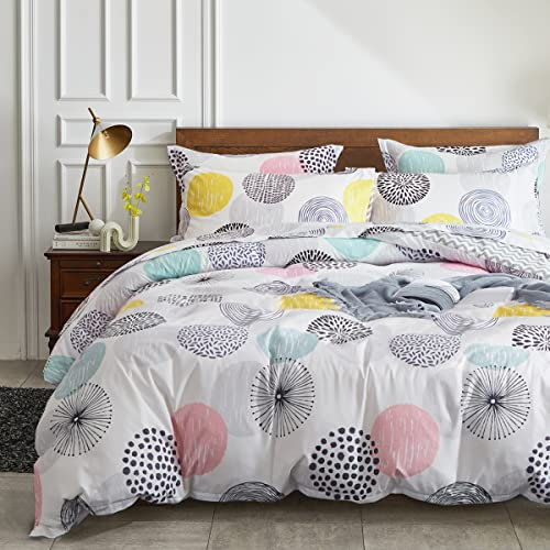 7-teiliges Bettwäsche-Set für Queen-Size-Bett in einer Tasche, bunte Punkte, weiche Mikrofaser, wendbares Bettwäsche-Set (1 Steppdecke, 2 Kissenbezüge, 1 Bettlaken, 1 Spannbetttuch, 2 Kissenbezüge)