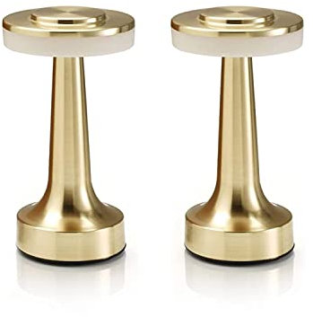 Auraglow Satin Brass Rechargeable Touch Control Cordless LED Table Lamp - Perfect for Bedside Tables, Hotels and Restaurants - Twin Pack