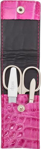 nippes Solingen Trendy Maniküre Set | 3-teilig | Magenta/Pink | Rindsleder-Etui mit Kroko-Prägung | Nageletui mit Nagelschere, Nagelfeile und Pinzette | vernickelt | Made in Germany