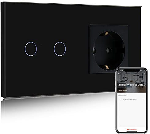 BSEED Normal enchufe con Smart ZigBee Interruptor de Luz,Compatible con Alexa y Google Home,Control de APP,2 Gang 1 Vía Interruptor de Luz con Enchufe Negro(Zigbee Gateway Hub Requerido)