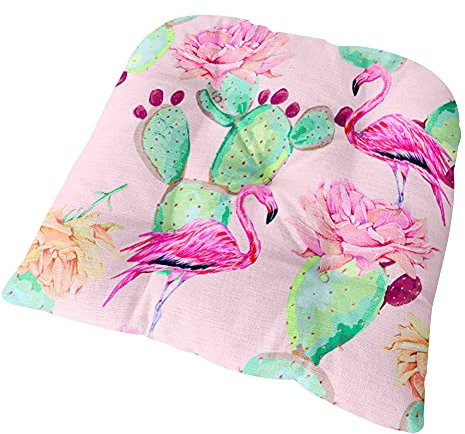 FANSU Stuhlkissen mit Bändern, Vogel & Blumen Drucken Sitzkissen Leinen Weiches Stuhl Auflage Tatami Komfortable Sitzpolster für Indoor Zuhause Stuhl Balkon Garten (40x40x6cm,Rosa Flamingo)