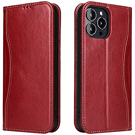 nincyee Genuine Leather Flip Case for iPhone 12 Mini,Classic Gun Leather Wallet Case Magnetic Closure Kickstand Card Slot Red