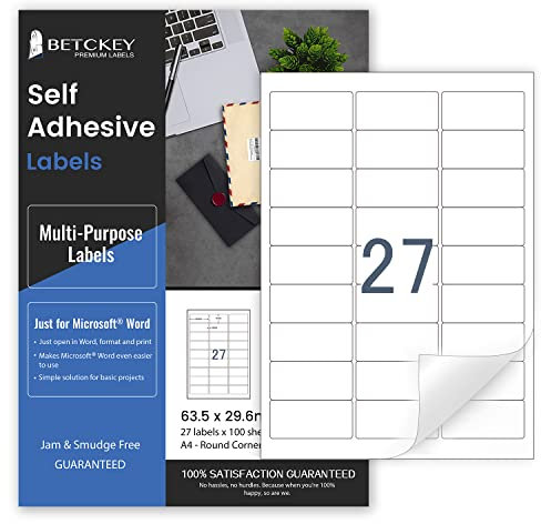 100 Blätter, 63mm x 29mm, Universal Etiketten Selbstklebend Bedruckbar, Sticker Mattes Papier, Aufkleber A4 Kompatibel mit Inkjet & Laser Drucker, 27 Etikett pro Blatt