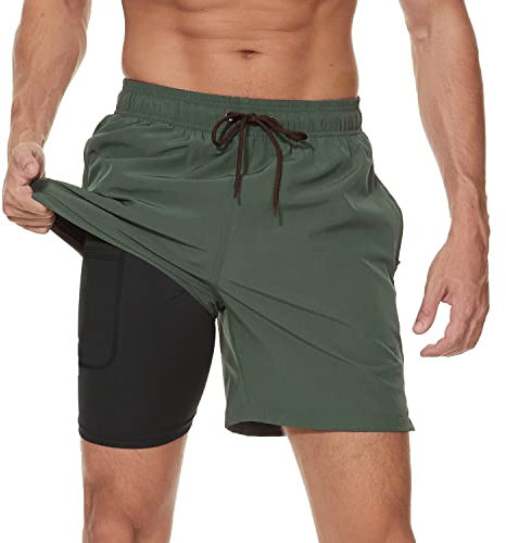 Arcweg Badehose für Herren mit Kompression Liner 2 in 1 Atmungsaktiv Badeshorts Männer Elastisch Trainingsshorts Verstellbar Tunnelzug mit Reißverschlusstaschen Militärgrün M (EU)