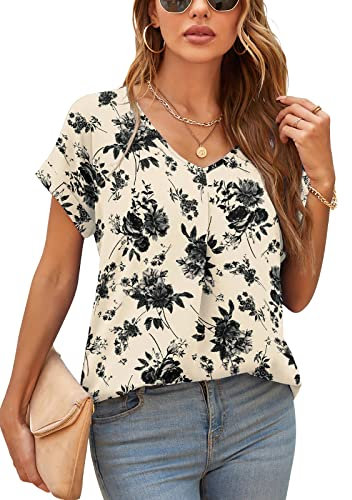 Yommay Blouses for Womens V Neck Ladies Tops Summer Chiffon Blouses Tops Short Sleeve Casual T Shirts(Floral White,XX-Large)