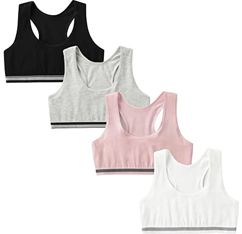 FedMois 4er Pack Mädchen Sport BH Bustier Baumwolle, Grau, Schwarz, weiß und Rosa, 8-10 Jahre (Herstellergröße M)