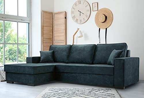 Ecksofa mit Schlaffunktion 90x265x165 cm - Lana - Elegante Schlafcouch mit Bettkassen - Große Couch L Form für Wohnzimmer - Komfortables Schlafsofa - Eckcouch 4 Sitzer Blau Linke Seite