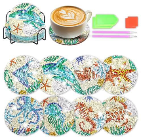 8 pièces Dessous de Verre,Diamond Painting sous Verre Poulpe océanique Dessous de Verre avec Support&Outils,Diamant Peinture Dessous de Verre Peinture Diamant sous Verres de Diamant Art
