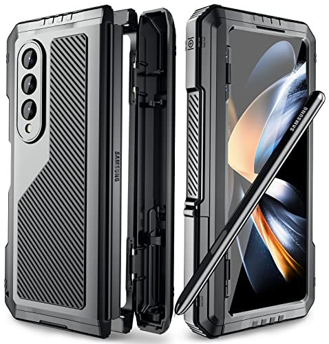 Beeasy for Samsung Galaxy Z Fold 4 Case with S Pen Holder and Hinge Protector, Samsung Fold 4 Case Shockproof Dustproof Heavy Duty Full Body Tough Metal Armor Cover with Screen Protector and Stand