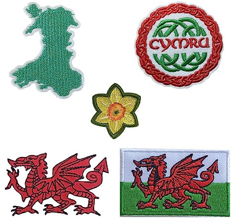 Set of 5 Wales Embroidery Patch Iron on or Sew on Embroidered Motif Transfer Welsh Flag Dragon Cymru map Daffodil