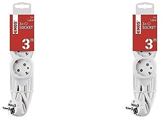 EMOS Steckdosenleiste 3X Schutzkontakt, 3 m Kabel, weiß, praktisch mit Steckdosen um 45° gedreht, Schuko Mehrfachsteckdose mit erhöhtem Berührungsschutz, IP20 für Innenbereich (Packung mit 2)