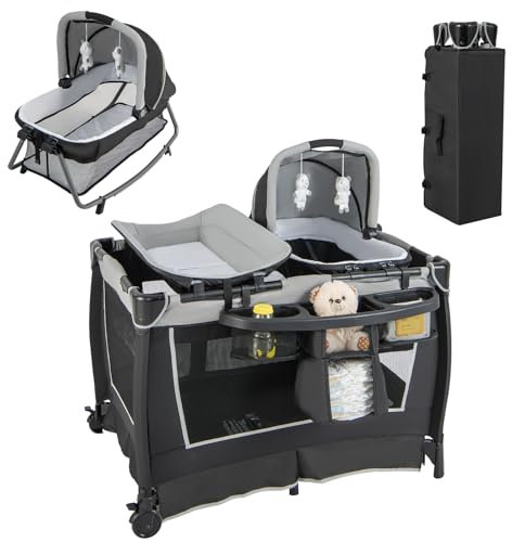 LIFEZEAL Babybett Faltbar mit Windelhalter & Tragetasche, 4 in 1 Abnehmbares Reisebett mit Matratze & Wickelauflage, Kinderreisebett mit Spieluhr & Puppe, Babywiege für 0-36 Monate (Grau)