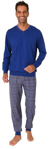 Normann Herren Langarm Schlafanzug mit Bündchen und Karierter Jersey Hose, Farbe:blau, Größe:58