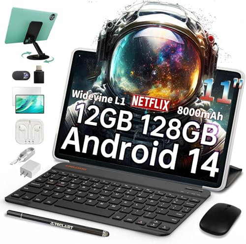 TECLAST P50S 11 Inch Tablet with Keyboard, Andoird 14 Tablet T606 CPU, 12(4+8) GB+128GB(TF 1TB), Widevine L1/8000mAh/5+13MP/Face ID, Tablet with Pen, Case/Stand/Camera Cover/Headphones - Metal