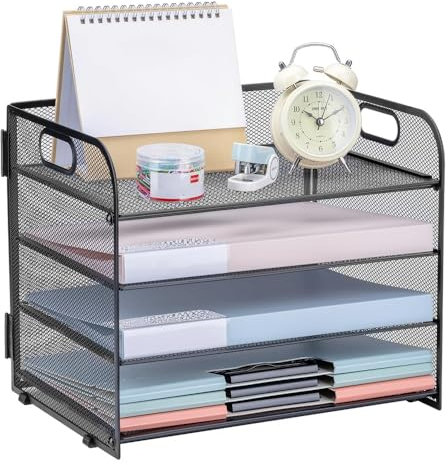 HEKOBAG 4 Tier Paper Organiser with Handle, Letter Tray Paper Organizer Pull-out Mesh Paper/File Organizer for Desk Paper Letter Tray Organizer Paper Storage Rack for A4 File Office Supplie
