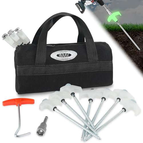 NVAAV 10PCS 8 Screw-in Tent Stakes for Drill with Storage Bag - Heavy Duty Glow-in-The-Dark Ground Anchors with Hex Drill Bit, Peg Puller for Securing Swing Sets, Canopies, Sheds & More Outdoor Use