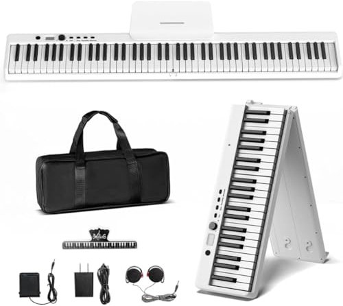 Tastiera per pianoforte portatile, semi-ponderata, pieghevole, 88 tasti, full size, venature del legno, tastiera elettrica con Bluetooth MIDI, adatta per adulti, bambini, principianti (bianco)