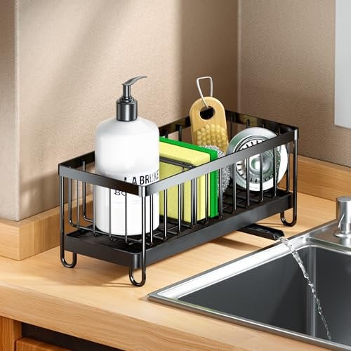 PKBD Kitchen Sink Caddy, Rustproof 304 Sponge Holder with Removable Drain Tray&Partitions, Dishcloth&Brush Drainer Rack, Kitchen Storage Organiser for Sink Tidy, Black